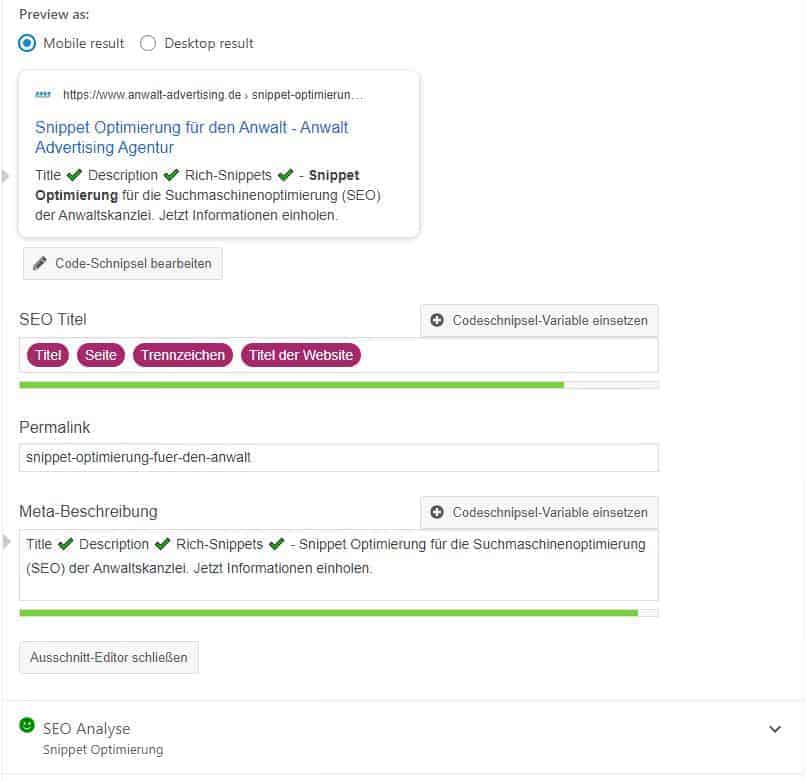 Snippet Optimierung Yoast Seo
