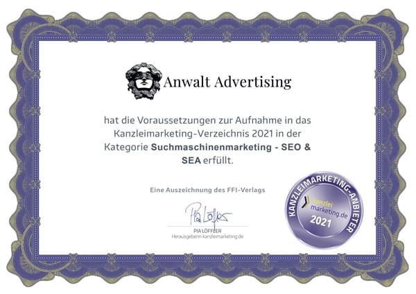 Zertifikat für Suchmaschinenmarketing Anwalt Advertising Agentur