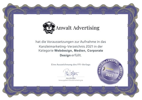 Zertifikat für Webdesign Anwalt Advertising Agentur
