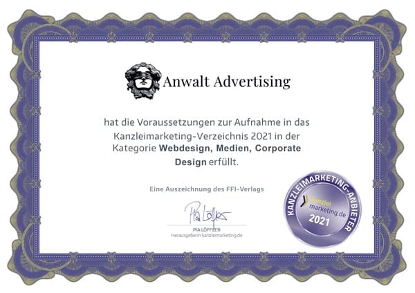 Zertifikat für Webdesign Anwalt Advertising Agentur